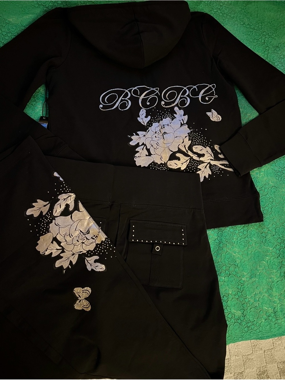 BCBG Black Hoodie and pants Set with Silver Floral Accents